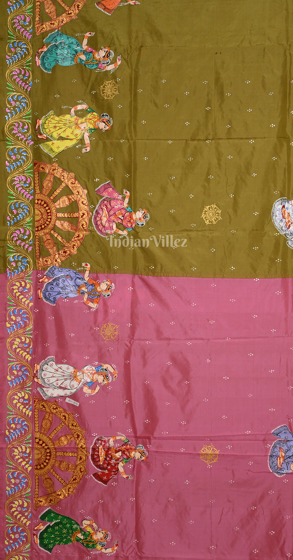 Pink Mehendi Green Nartaki Konark Temple Hand-Painted Pattachitra Saree