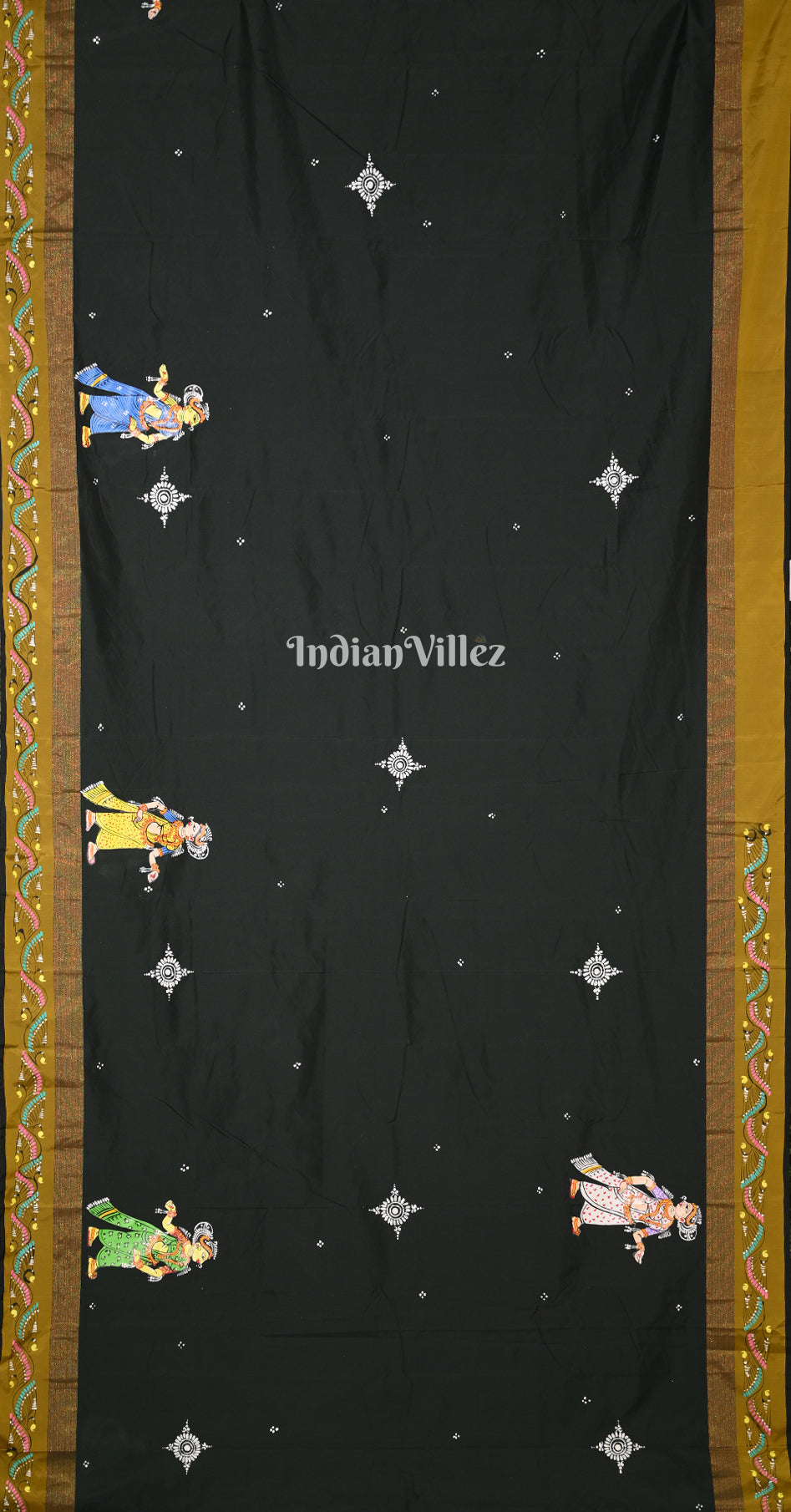 Bottle Green Ardha Chandra Krishna Rasa Leela Hand-Painted Pattachitra Saree