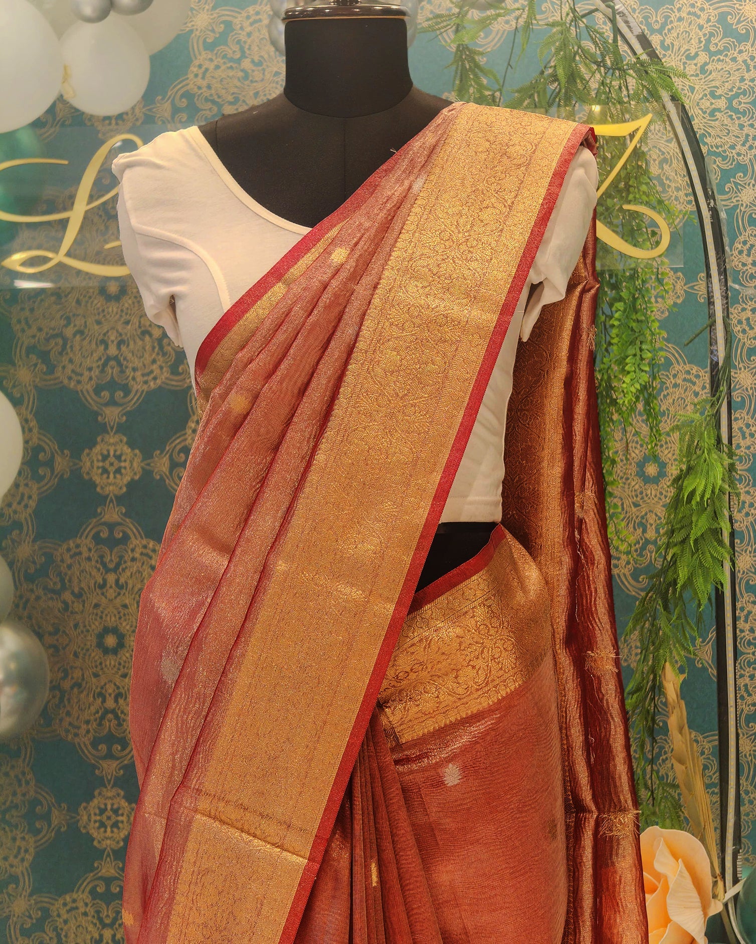 Red Orange Banarasi Crushed Tissue Saree with Buti & Zari Border