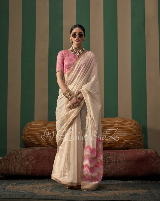 White Pink Spun Handloom Weaving Silk Saree