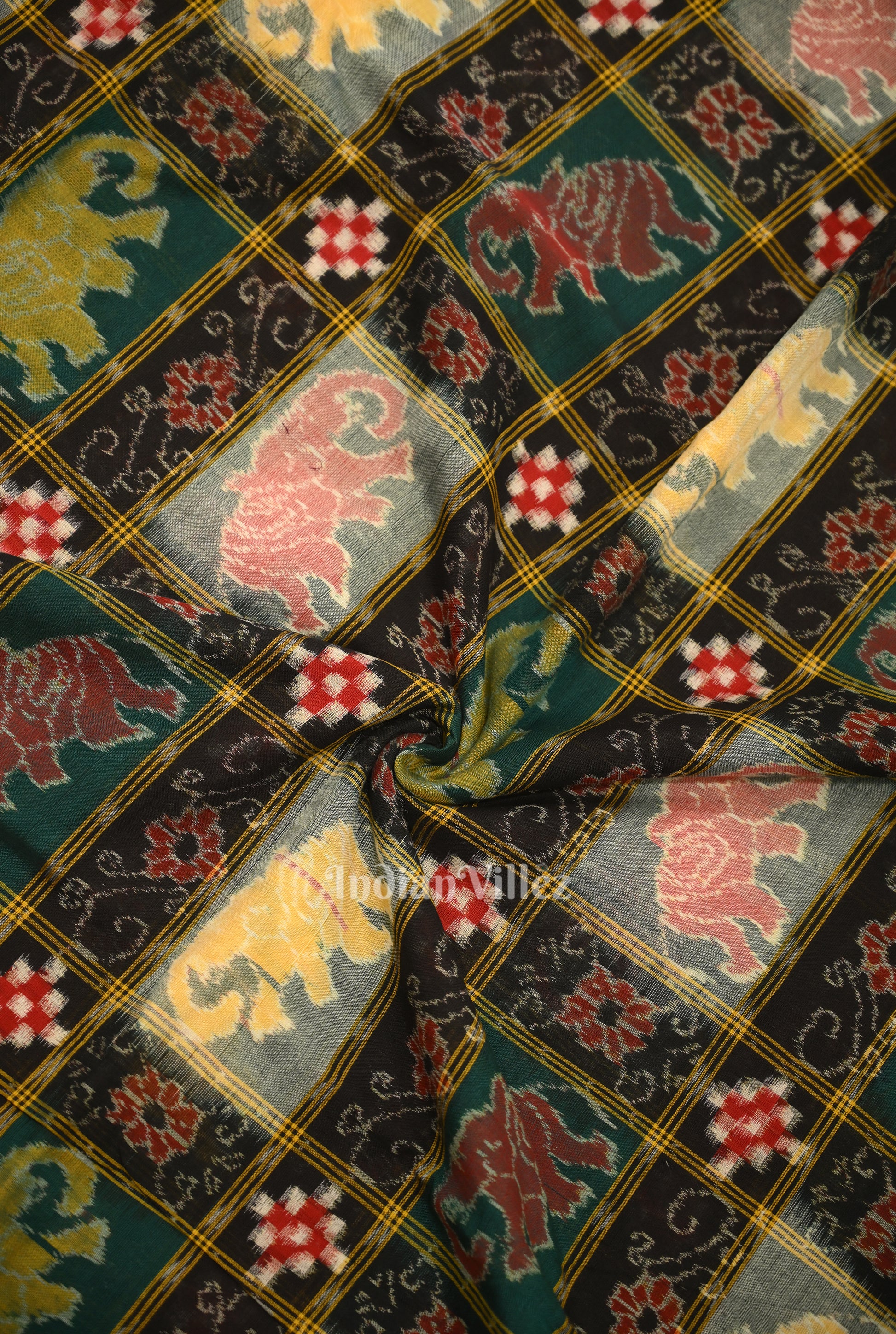 Black Jungle Theme Sambalpuri Ikat Cotton Fabric 