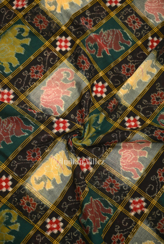 Black Jungle Theme Sambalpuri Ikat Cotton Fabric 