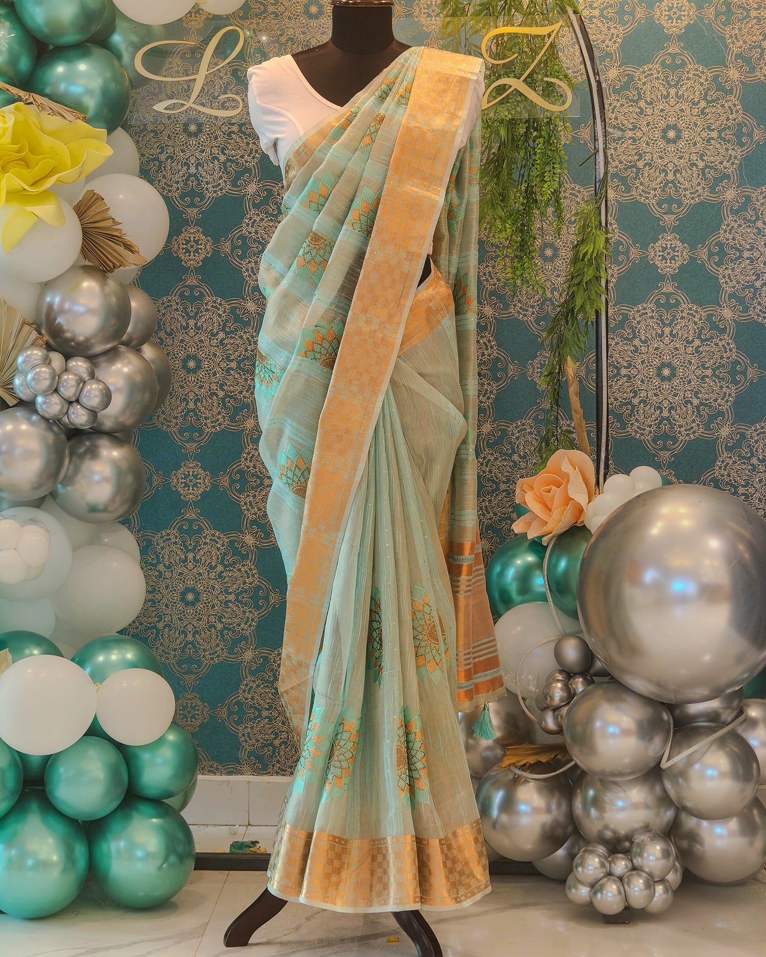 Sky Yellow Floral Linen Tissue Saree with Sequence Work 
