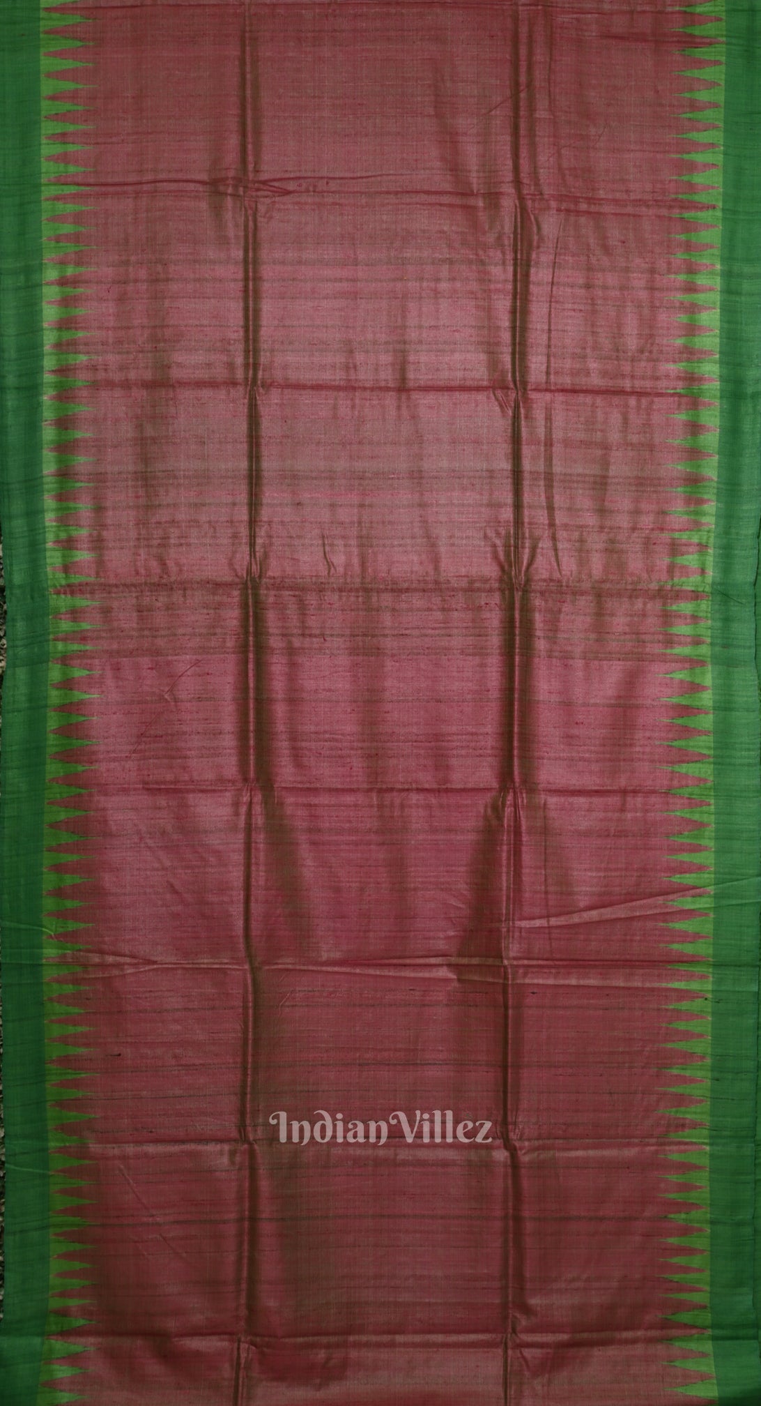 Rani Pink Tussar Silk Saree with Green Border & Anchal 
