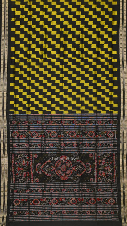 Black with Yellow Box Pattern Sambalpuri Pure Ikat Silk Saree 