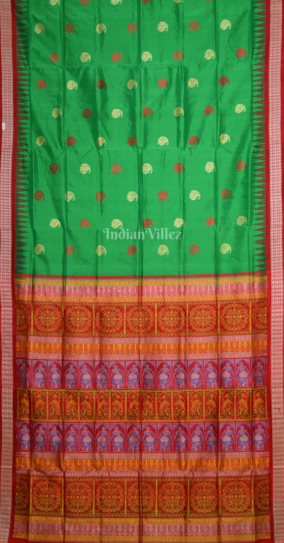 Green Red Paisley Design Bomkai Sambalpuri Silk Saree with Konark Chakra Pallu