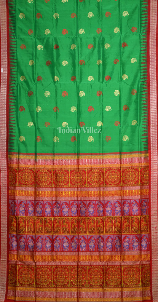 Green Red Paisley Design Bomkai Sambalpuri Silk Saree with Konark Chakra Pallu