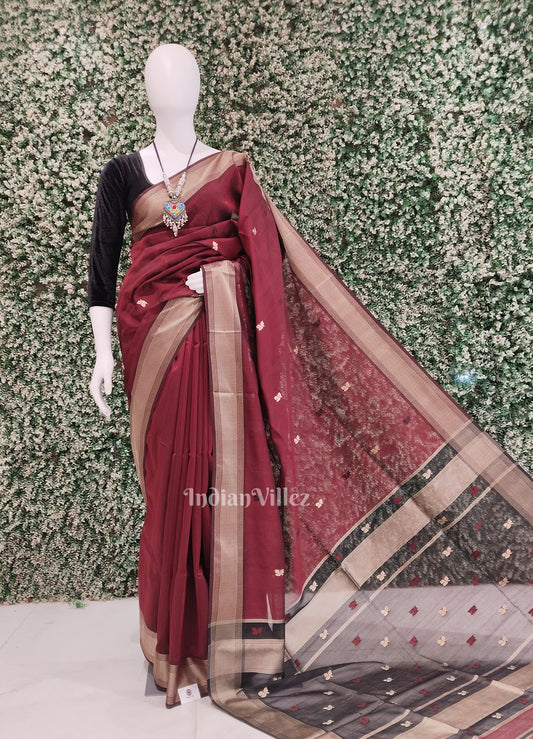 Maroon Black Pure Silk Cotton Maheswari Saree with Zari Border