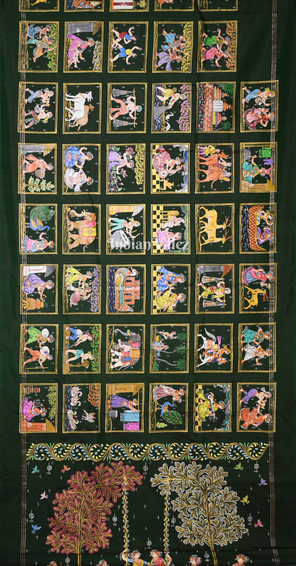 Green Pink Krishna Raas Village Theme Hand- Painted Pattachitra Saree