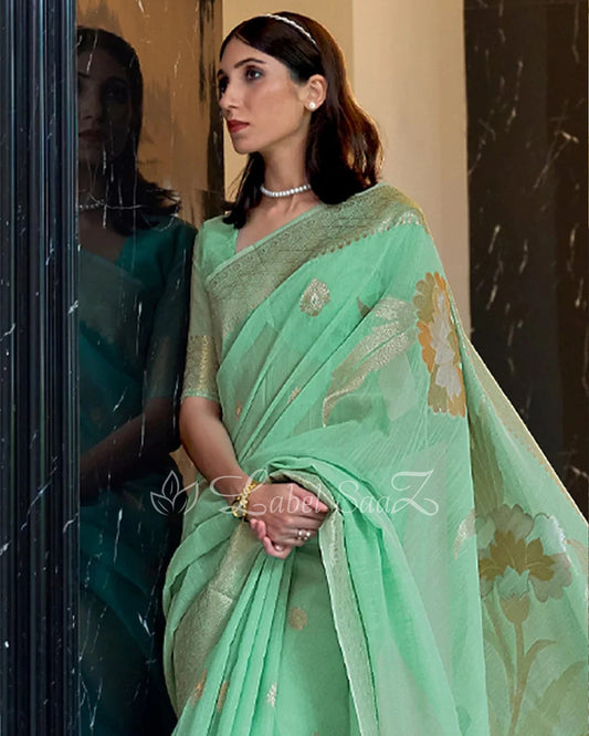 Mint Green Floral Handwoven Linen Saree