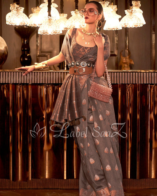 Dark Grey Linen Banarasi With Copper Zari Saree