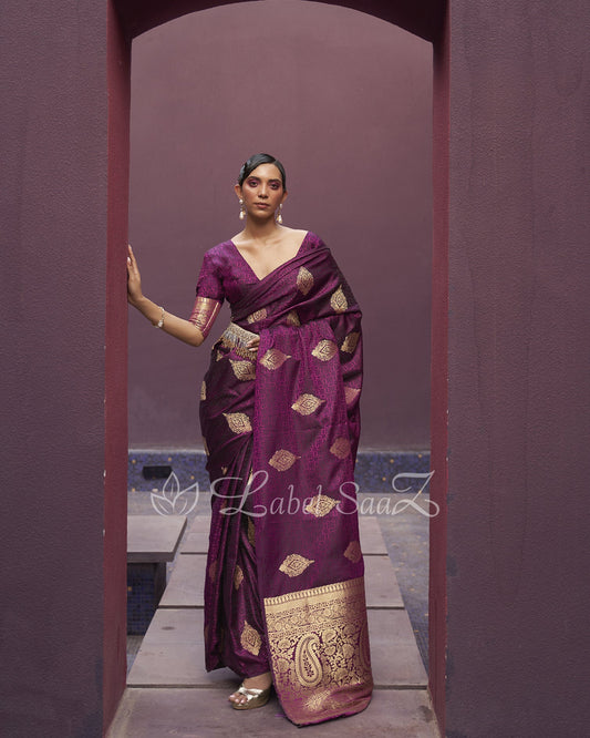 Deep Wine Pure Satin Weaving Silk Saree With Blouse Piece