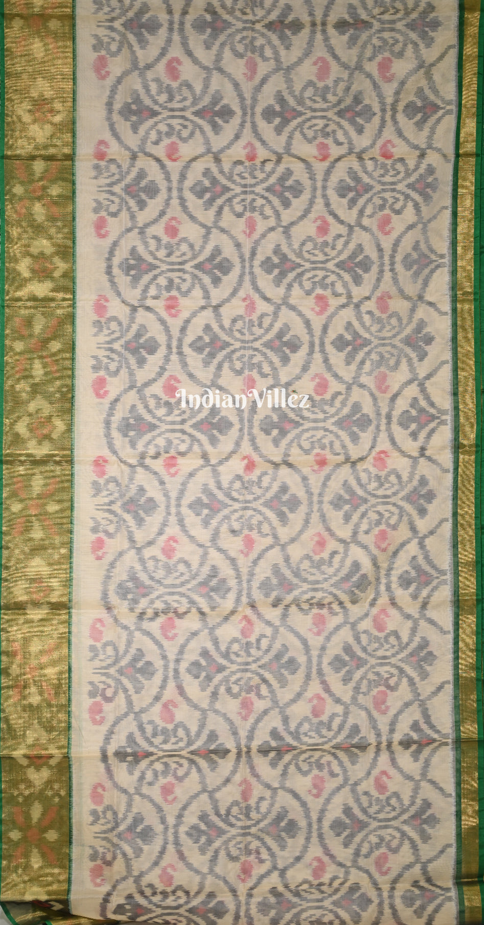 Off White Green Floral Border Pochampally Ikat Silk Cotton (Sico) Saree