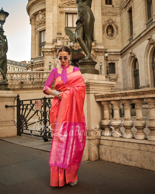 Orange Pink Kanjivaram South Soft Silk Saree