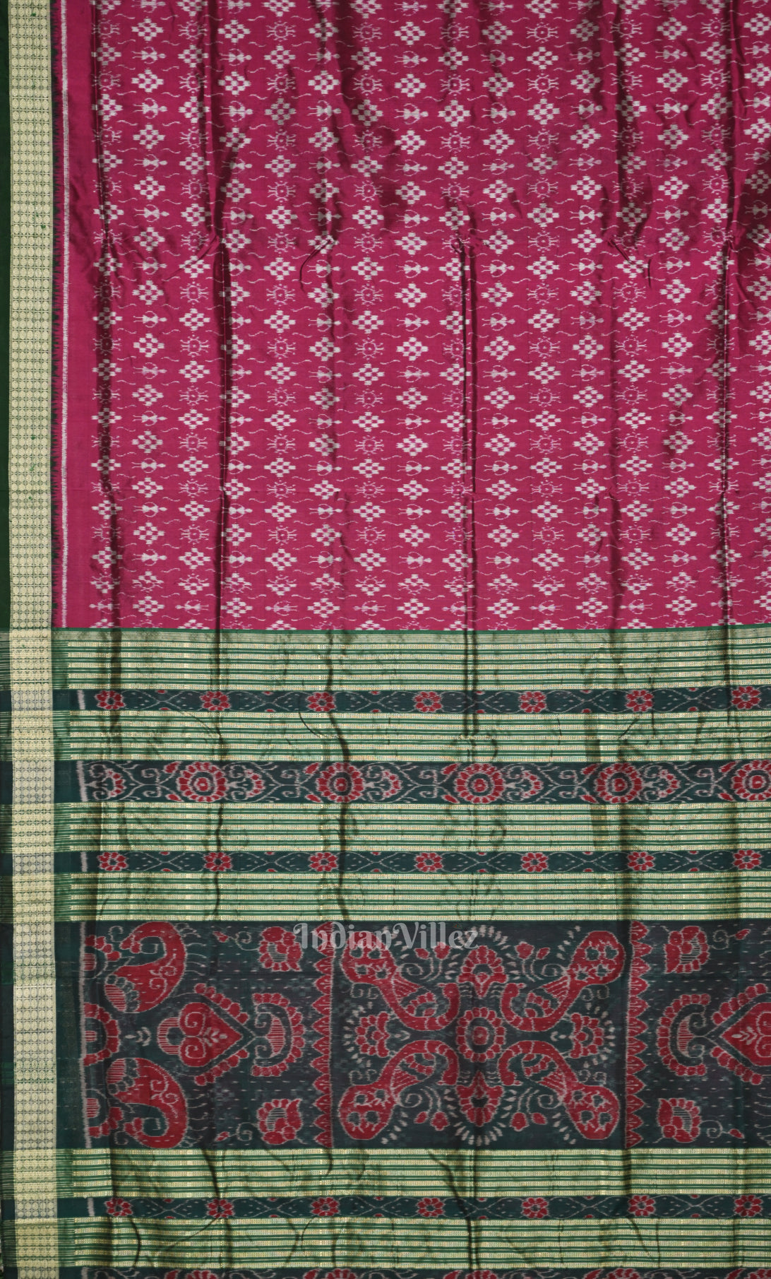 Magenta Pink Green Tribal Theme Odisha Ikat Sambalpuri Silk Saree
