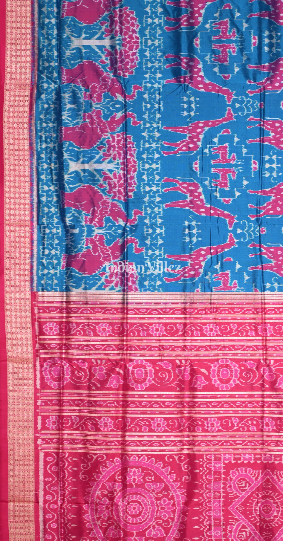 Peacock Blue Rani Pink Deer Theme Odisha Ikat Sambalpuri Silk Saree