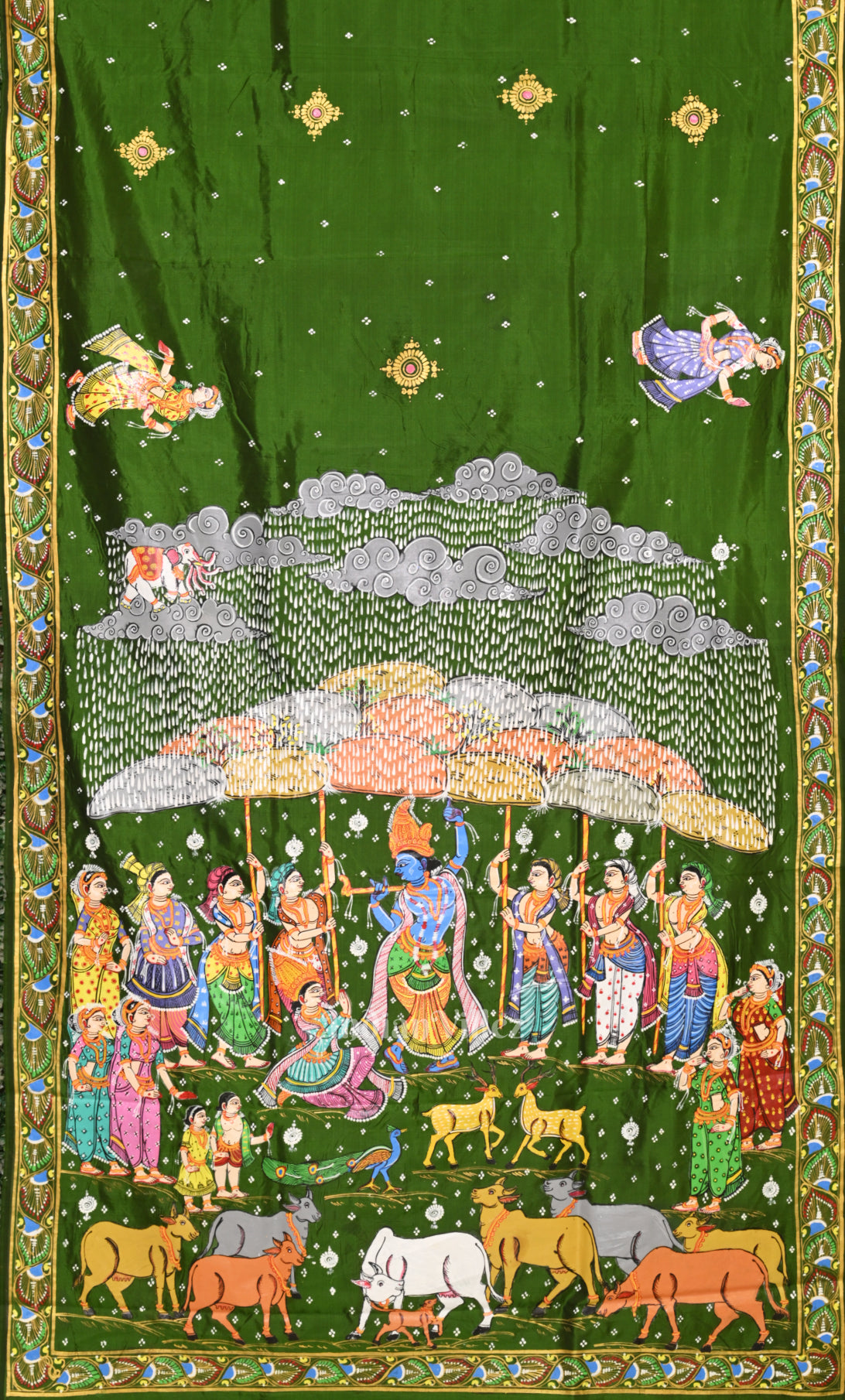 Green Giri Govardhan Hand-Painted Pattachitra Saree