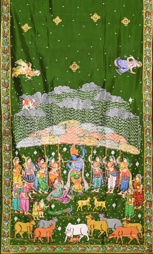 Green Giri Govardhan Hand-Painted Pattachitra Saree