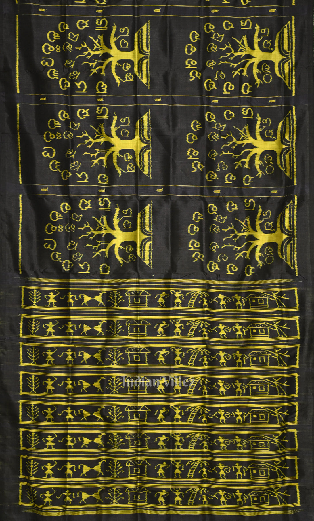 Black Neon Yellow Odia Barnamala Contemporary Silk Saree with Tribal Anchal