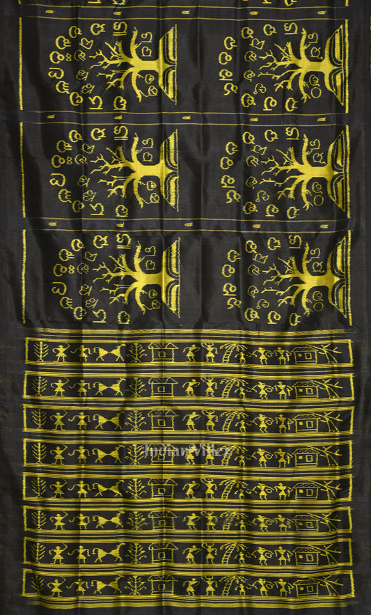 Black Neon Yellow Odia Barnamala Contemporary Silk Saree with Tribal Anchal