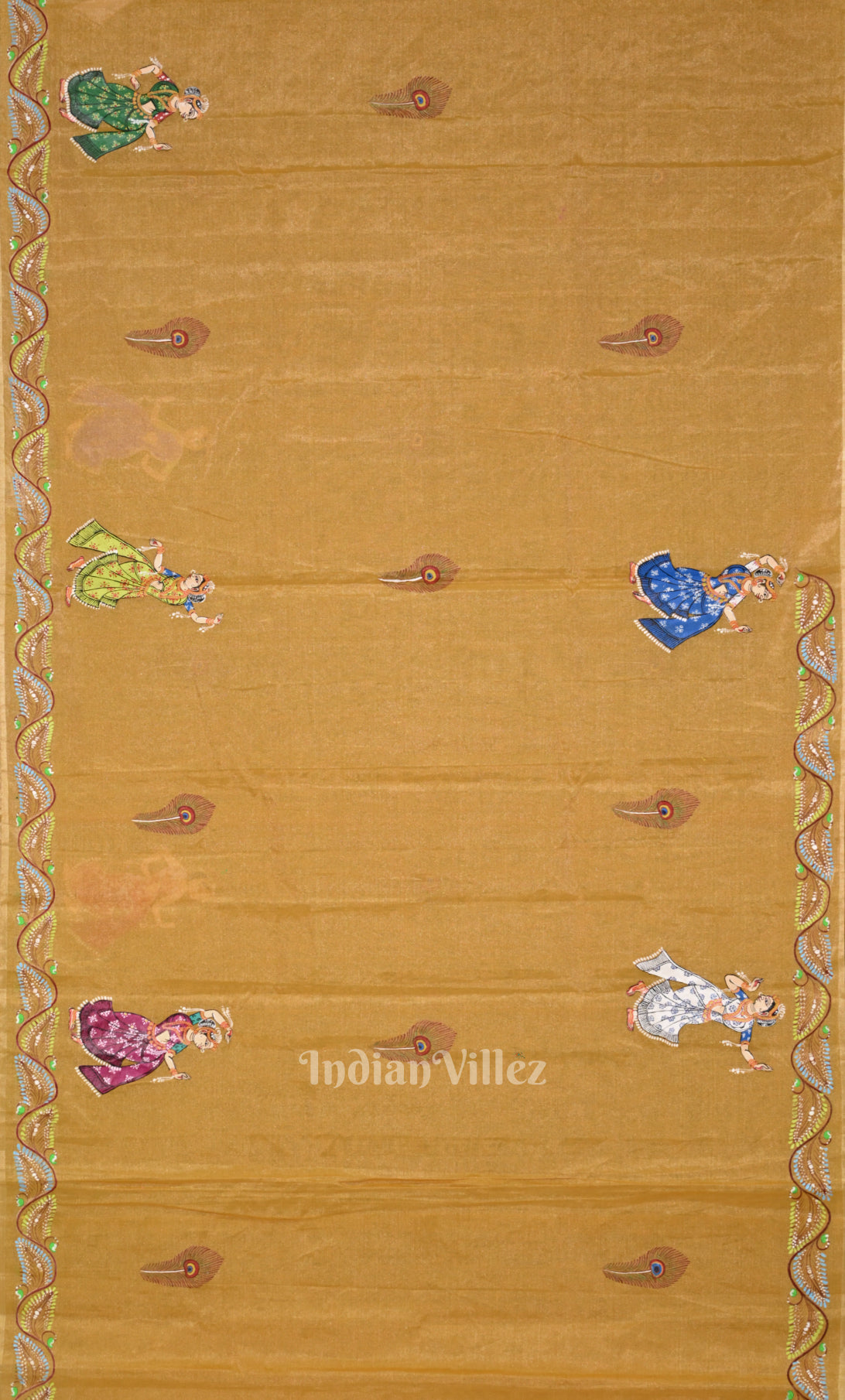 Mustard Yellow Krishna Rasa Leela Hand-Painted Pattachitra Saree 