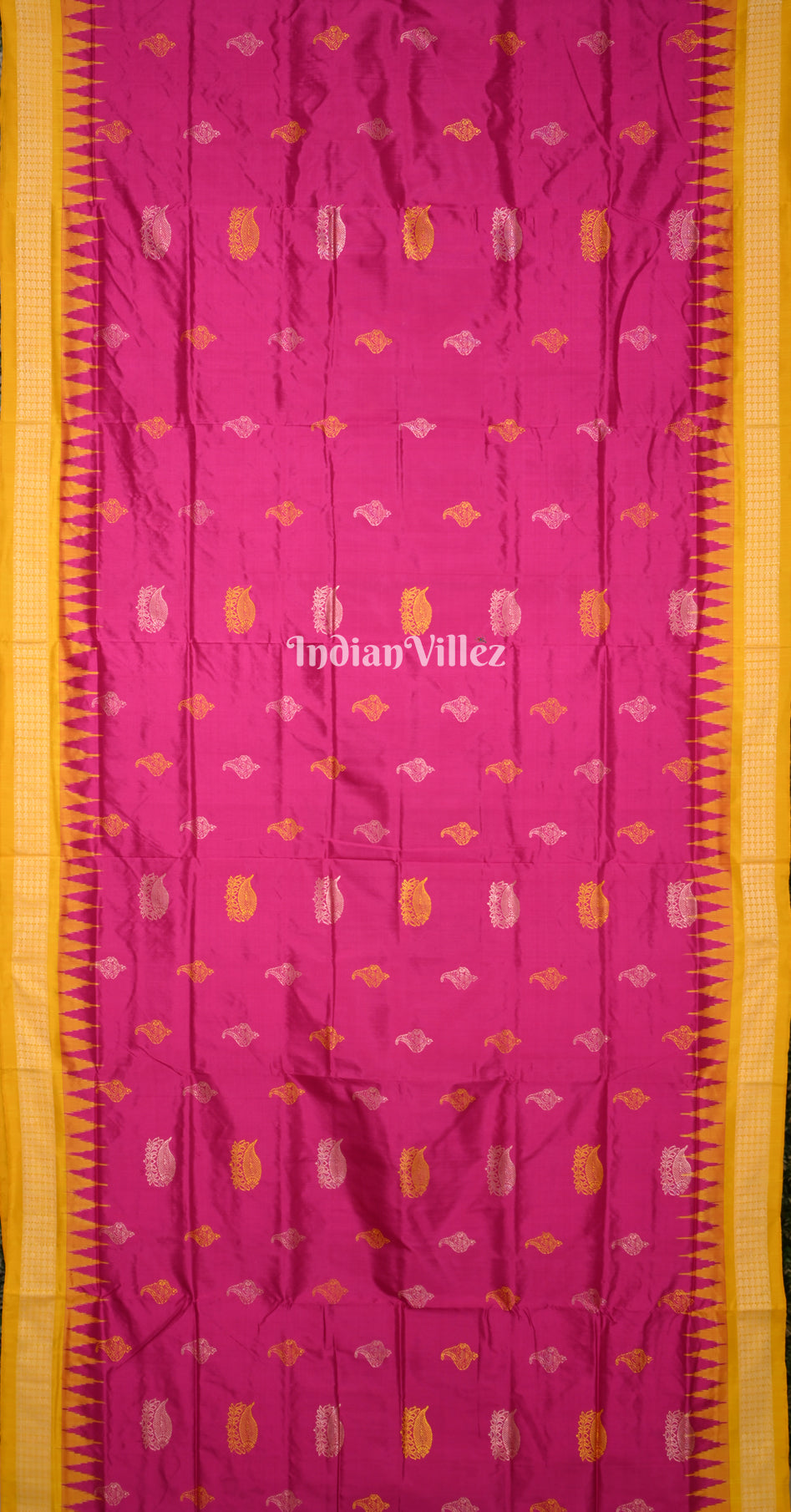 Rani Pink Mustard Yellow Sankha Lotus Motif Odisha Ikat Bomkai Sambalpuri Silk Saree