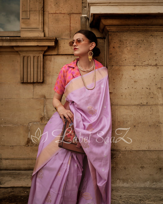 Pink Peach Soft Handloom Silk Weaving Saree