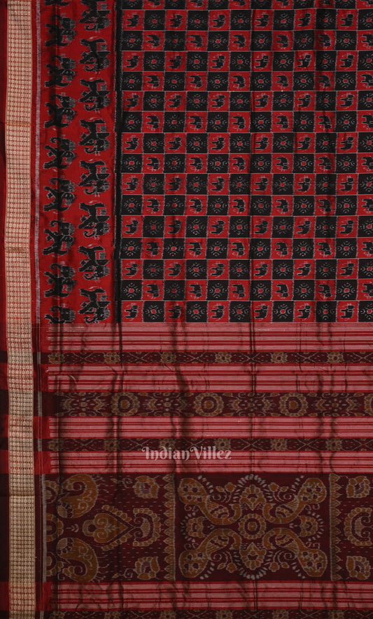 Maroon Red Black Animal Motif Odisha Ikat Sambalpuri Silk Saree