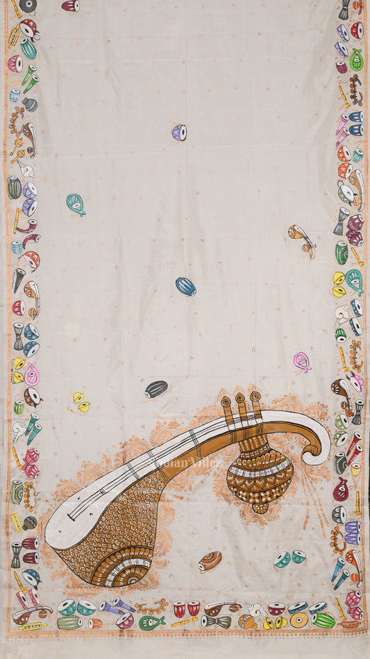 White Sitar Instrument Pattachitra Art Pure Silk Saree