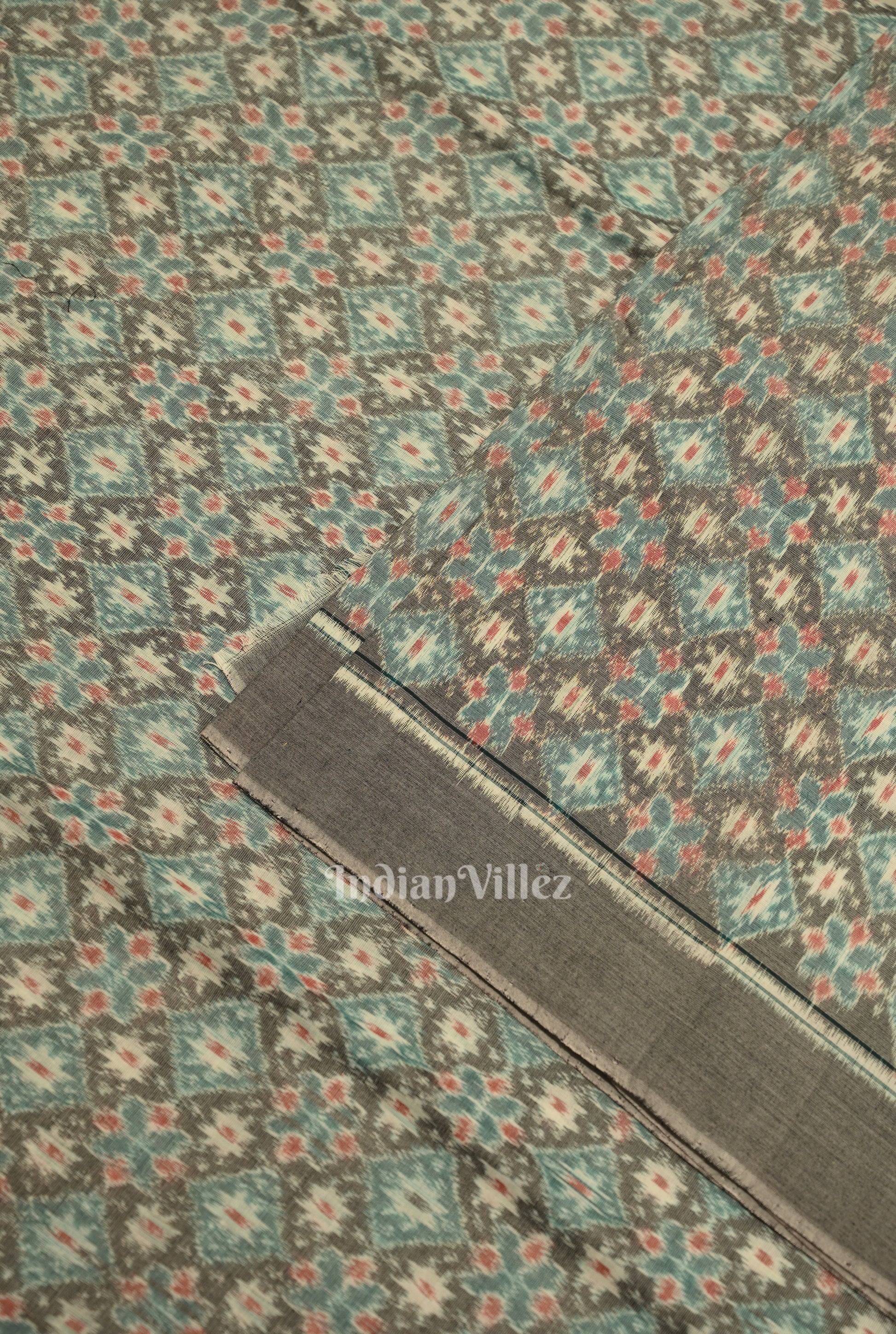Cement Gray Floral Theme  Sambalpuri Odisha Ikat Cotton Fabric 