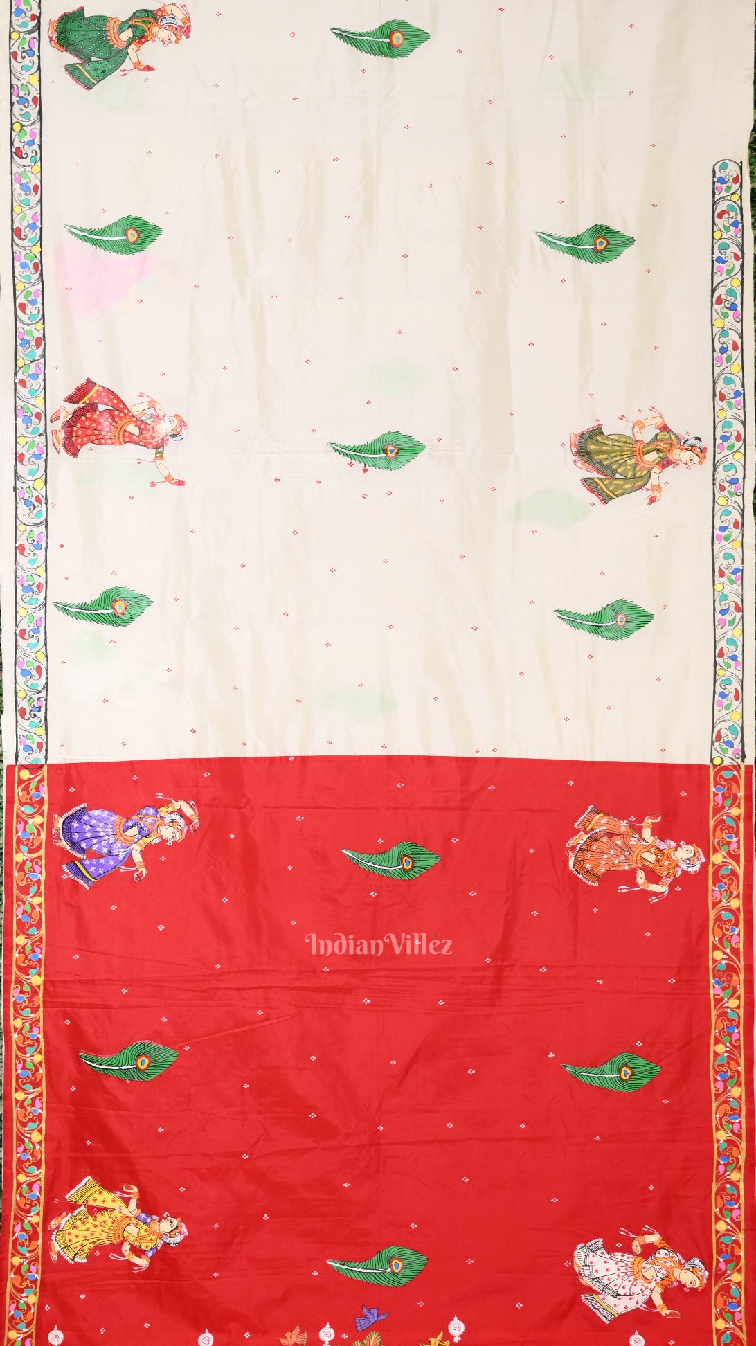 Red White Radha Krishna  Peacock Design Hand-Painted Pattachitra Saree