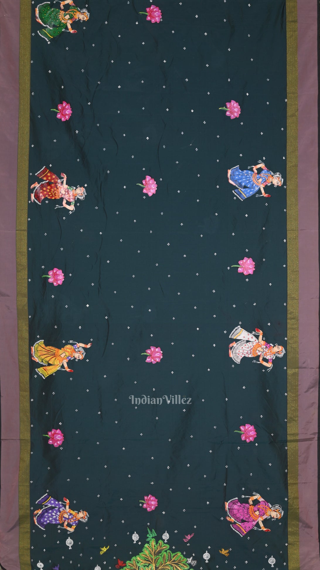 Blue Radha Krishna Raas Leela Hand-Painted Pattachitra Saree