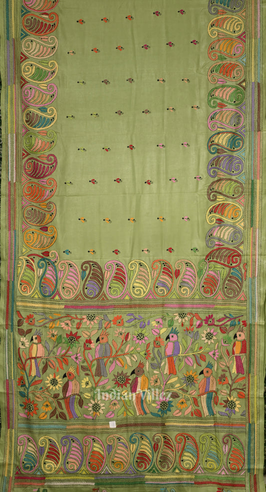 Parrot Green Handwoven Kantha Stitch Silk Saree 