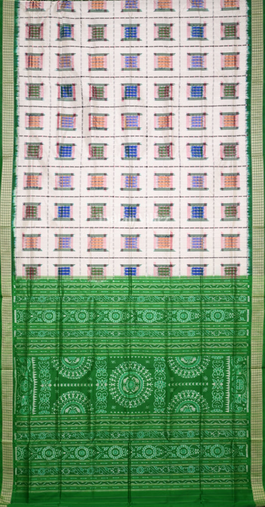 Exclusive Off white Green Ashwini Odisha Ikat Sambalpuri Silk Saree