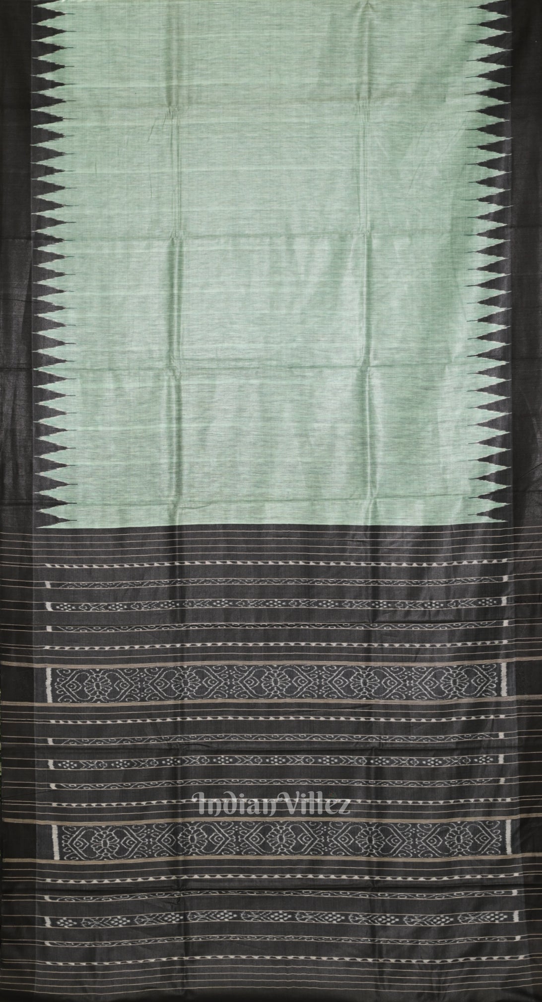 Sage Green Tussar Silk Saree with Black Border & Anchal