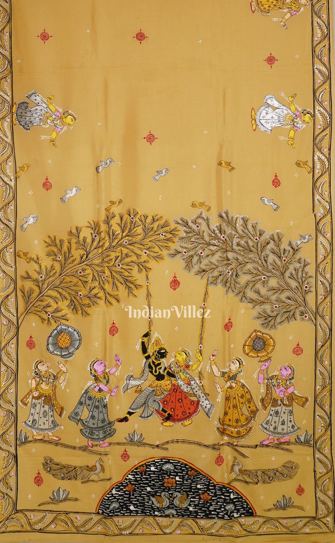 Honey Gold Krishna Rasleela Pattachitra Khadi Silk Saree
