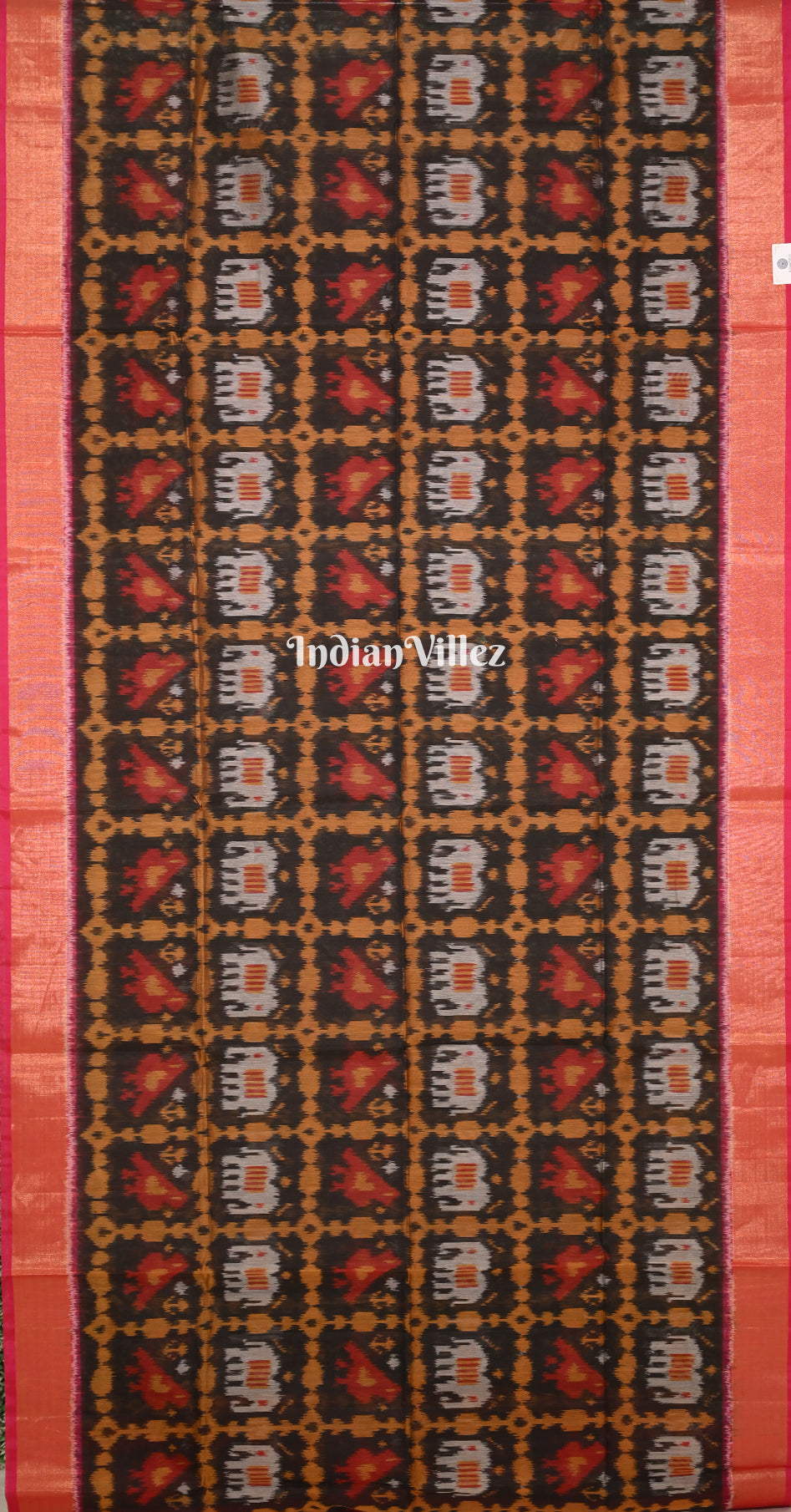 Black Magenta Pink Jungle Motif Pochampally Ikat (Sico) Saree 