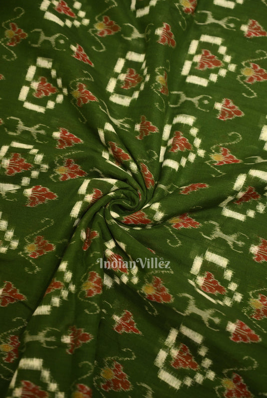 Green Tribal Hearts Pasapali Sambalpuri Ikat Cotton Fabric
