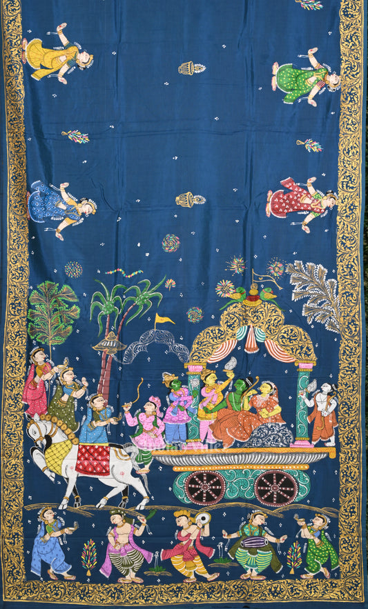 Blue Mathura Vijay  Hand-Painted Pattachitra Saree