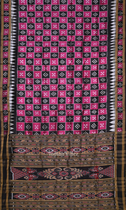Magenta Pink Black  Pasapali Odisha Ikat Khandua Silk Saree 