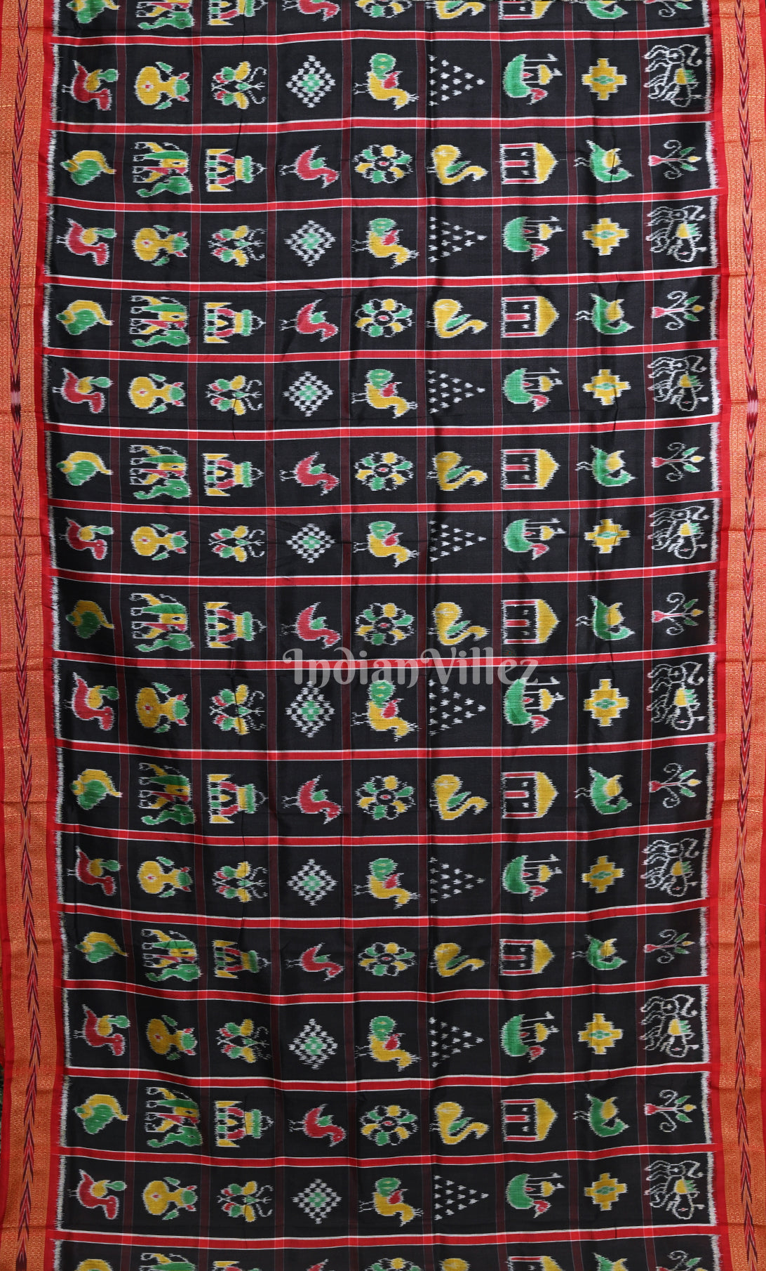 Black Maroon Nabakothi Odisha Ikat Khandua Silk Saree with Elephant Anchal