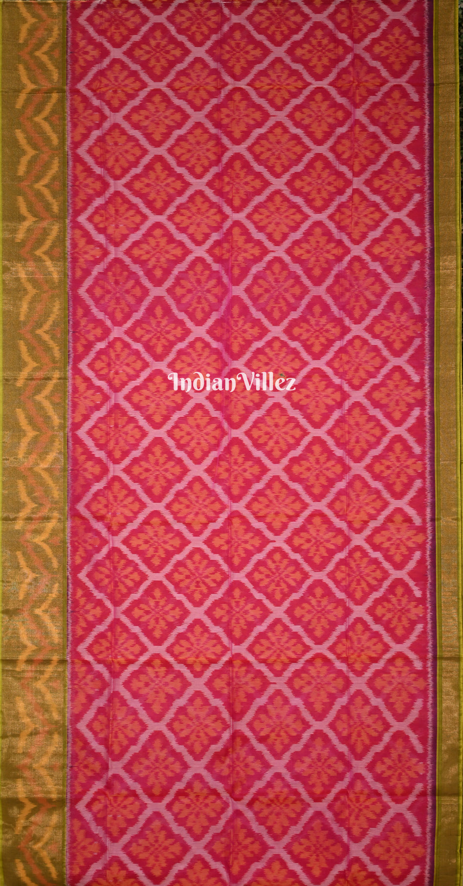 Rani Pink Olive Green Pochampally Ikat Silk Cotton (Sico) Saree
