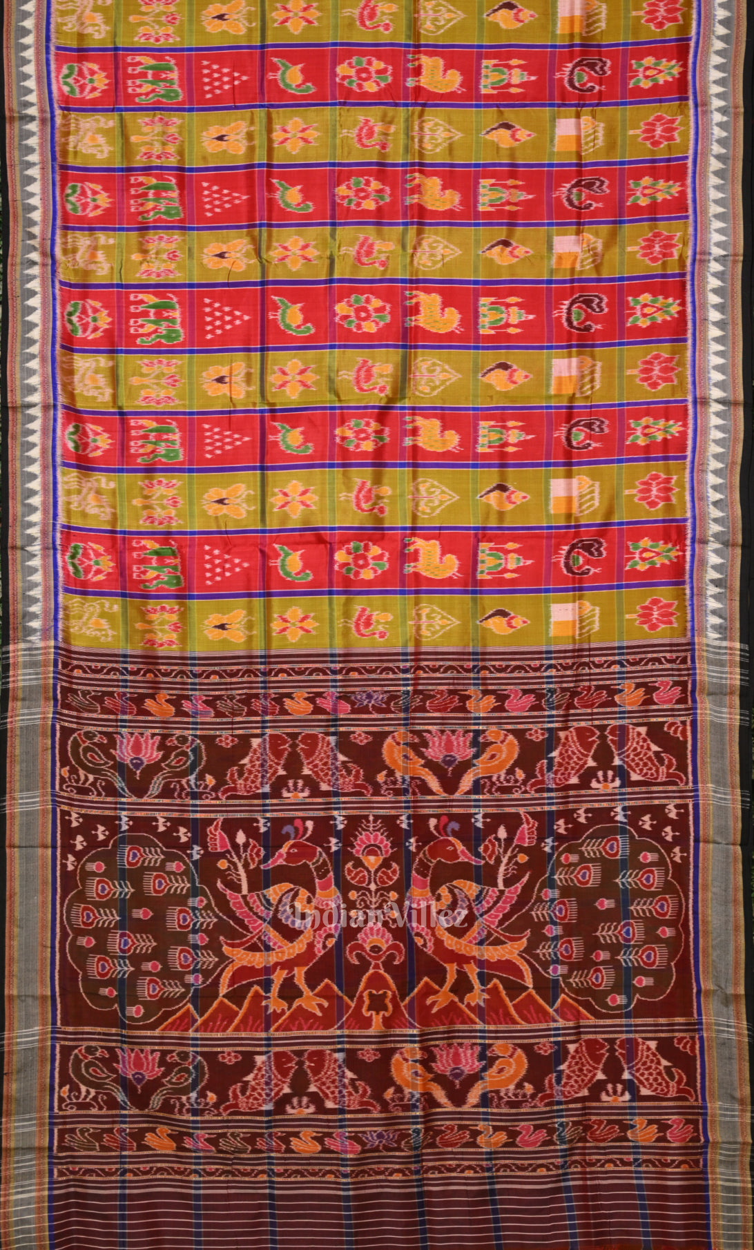 Moss Green Red Nabakothi Odisha Ikat Khandua Silk Saree