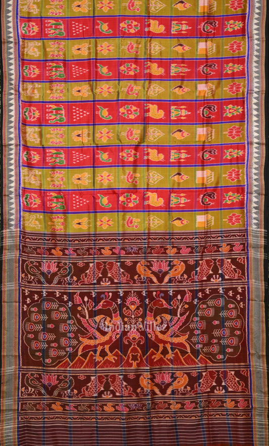 Moss Green Red Nabakothi Odisha Ikat Khandua Silk Saree