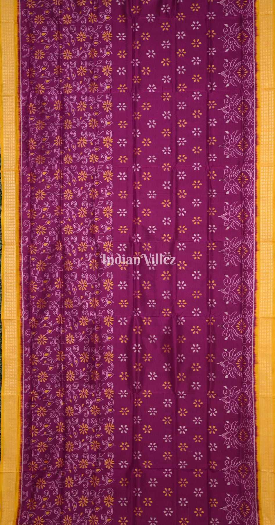 Purple Mustard Yellow Flower Motif Odisha Ikat Sambalpuri Silk Saree