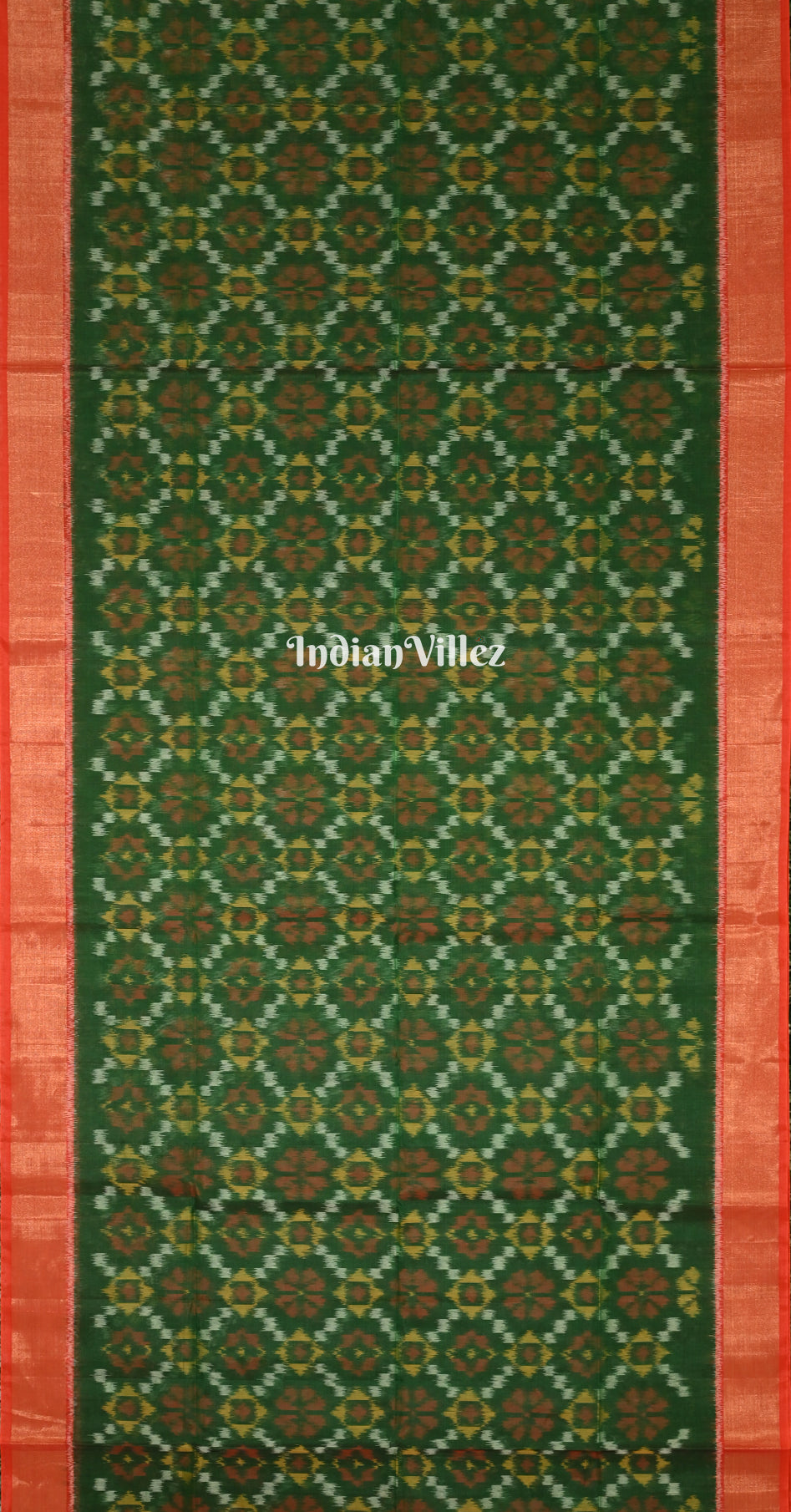 Bottle Green Red Pochampally Ikat Silk Cotton (Sico) Saree with Butterfly Pallu 