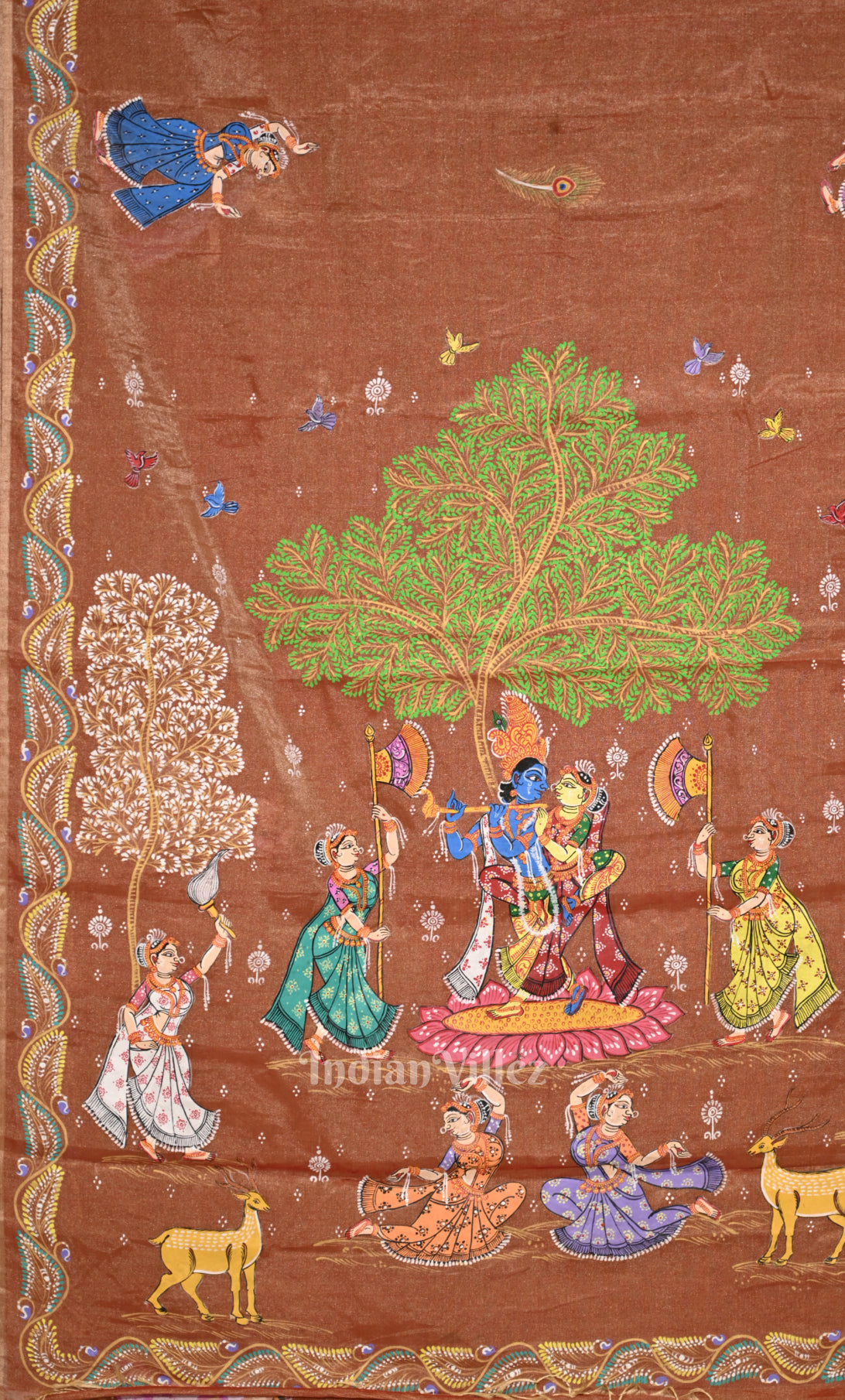 Cadmium Orange Krishna Rasa Leela Hand-Painted Pattachitra Saree