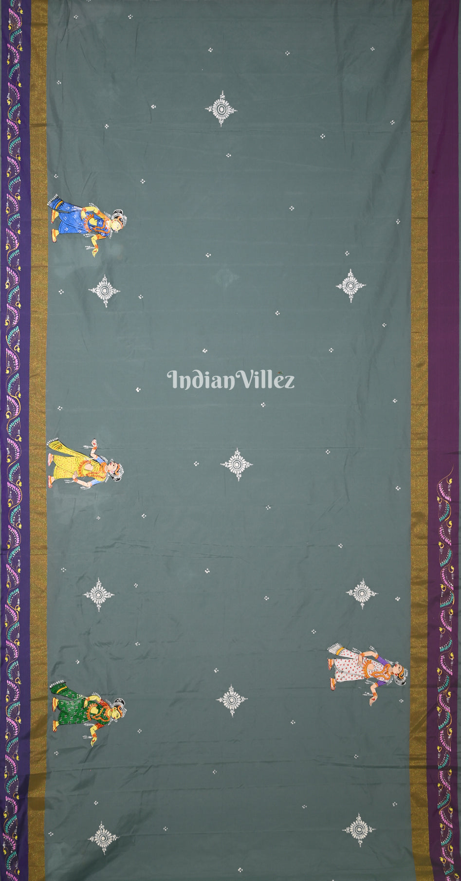 Grey Blue Krishna Rasa Leela Hand-Painted Pattachitra Saree