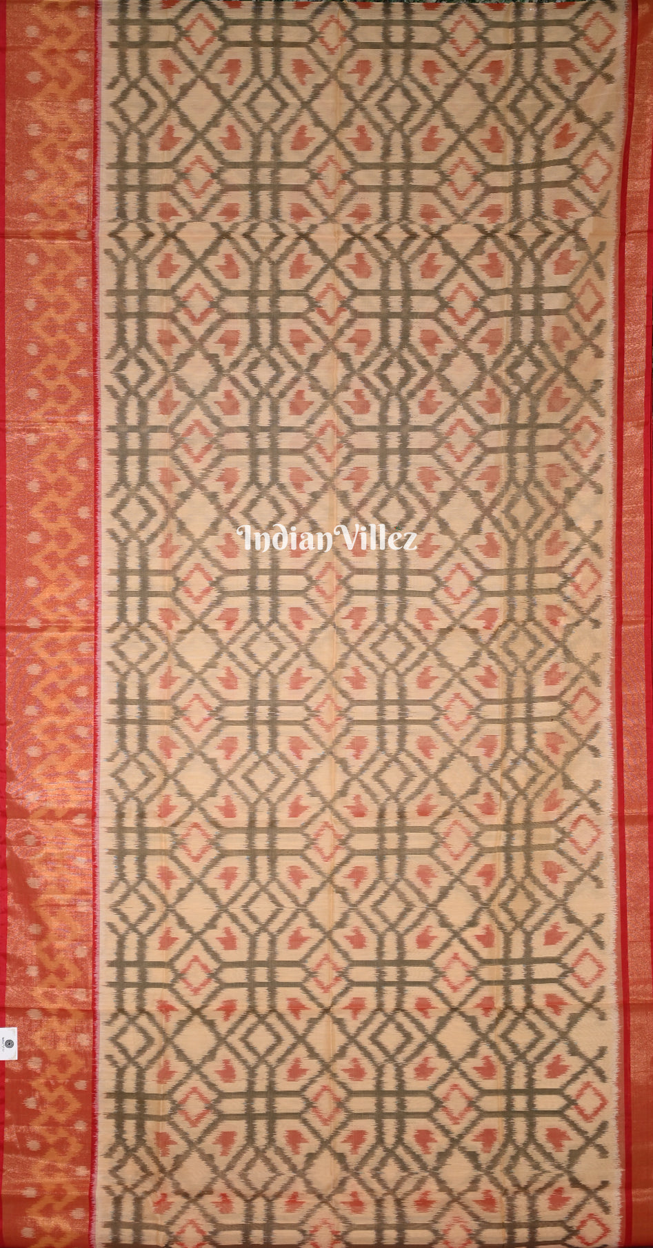 Beige Red Pochampally Ikat Silk Cotton (Sico) Saree