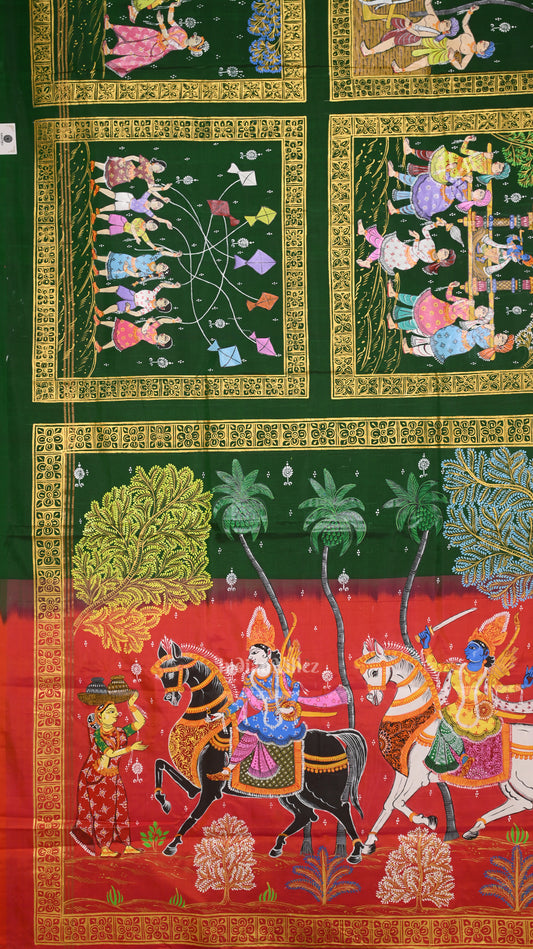 Green Red Hindu Festival Hand-Painted Pattachitra Saree 